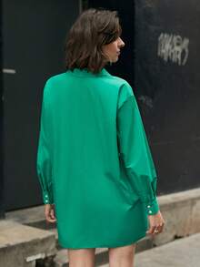 SHEIN Frenchy Đầm Nút phía trước màu trơn Giải trí - màu xanh lá - Xem 4