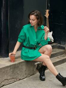 SHEIN Frenchy Đầm Nút phía trước màu trơn Giải trí - màu xanh lá - Xem 6