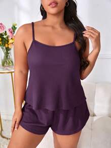 Plus Solid Cami Top & Shorts PJ Set - Purple - View 3