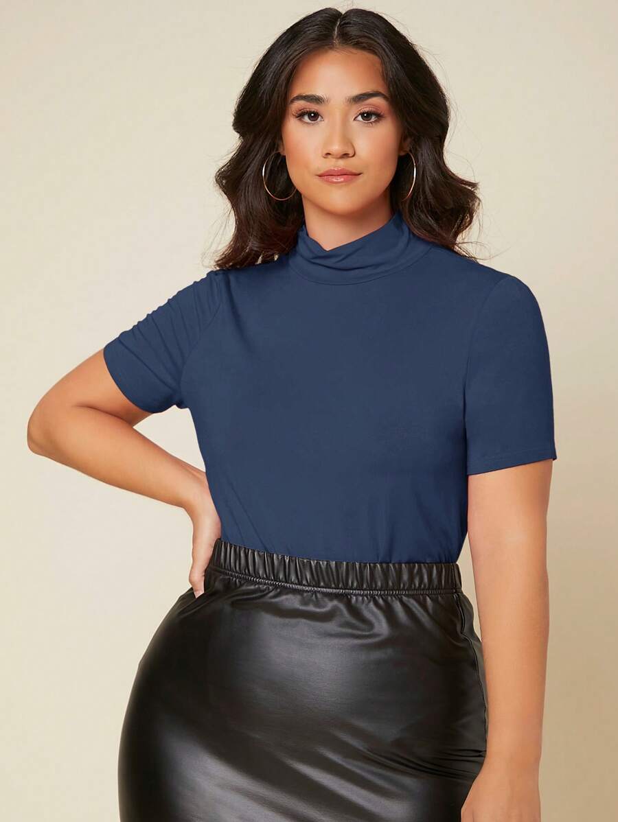 SHEIN BASICS Plus Solid Mock Neck Tee - Navy Blue - View 1