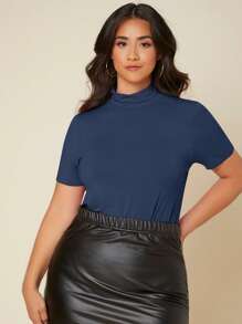 SHEIN BASICS Plus Solid Mock Neck Tee - Navy Blue - View 3