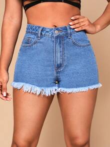 SHEIN SXY Quần short denim nữ Dây kéo Túi Hem thô màu trơn - Rửa trung bình - Xem 4