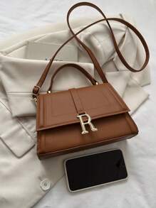 Túi Vuông Nắp Nhỏ Khâu Chi Tiết Chữ Trang Trí - màu nâu - Xem 4