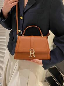 Túi Vuông Nắp Nhỏ Khâu Chi Tiết Chữ Trang Trí - màu nâu - Xem 8