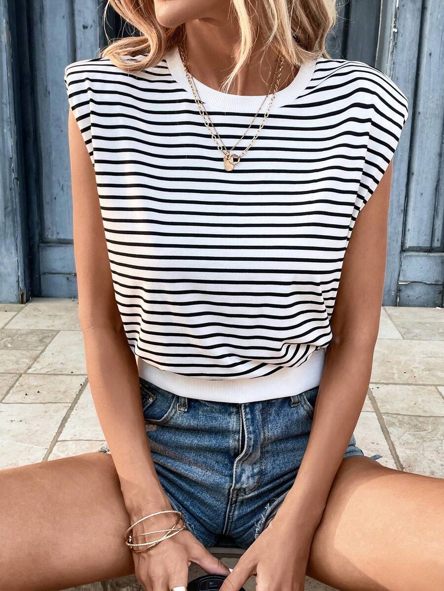 SHEIN LUNE Striped Print Batwing Sleeve Sweatshirt - Black and White - View 1