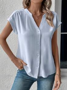 SHEIN LUNE Blusa unicolor de manga murciélago con botón delantero - Celeste - Ver 3