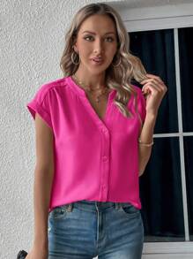 SHEIN LUNE 素色蝙蝠袖前紐扣襯衫 - 玫紅色 - 查看 4