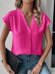 SHEIN LUNE 素色蝙蝠袖前紐扣襯衫 - 玫紅色 - 查看 6