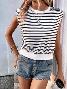 SHEIN LUNE Striped Print Batwing Sleeve Sweatshirt - Black and White - View 6