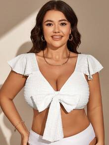 SHEIN Swim Curve Plus Knot Front Butterfly Sleeve Knot Front Bikini Top - White - View 3