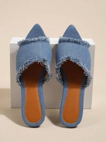 Fashion Blue Sandals For Women, Raw Trim Denim Slide Sandals