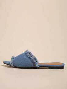 Fashion Blue Sandals For Women, Raw Trim Denim Slide Sandals