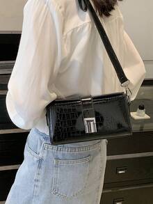 Bolsa cuadrada mini con cocodrilo en relieve cerradura de girar negro - Negro - Ver 1