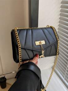 Mini Flap Square Bag Quilted Pattern Metal & Deer Decor - Black - View 1