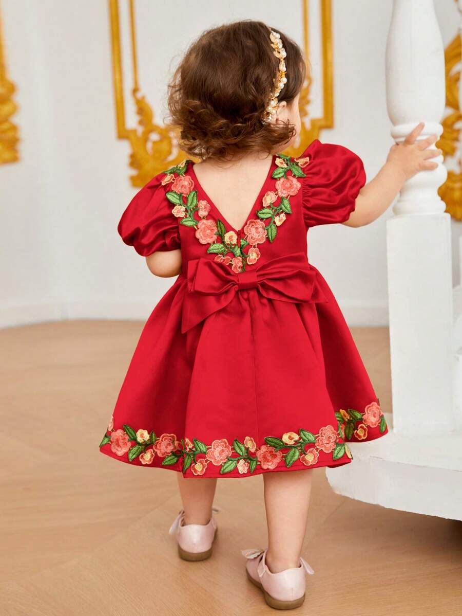SHEIN Baby Girl Floral Embroidery Bow Back Puff Sleeve Dress SHEIN
