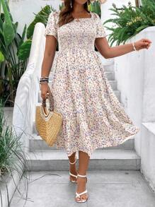 SHEIN Clasi Vestido con estampado floral bajo con fruncido - Albaricoque - Ver 1