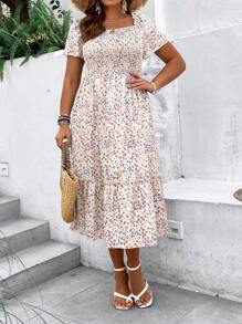 SHEIN Clasi Vestido con estampado floral bajo con fruncido - Albaricoque - Ver 4
