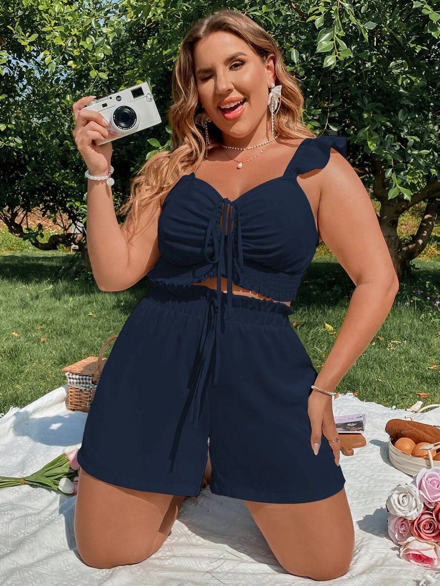 Flirla 大碼前抽繩短款上衣和短褲 - 藏蓝色 - 查看 1