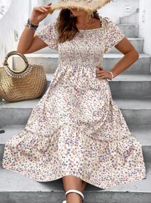 SHEIN Clasi Vestido con estampado floral bajo con fruncido - Albaricoque - Ver 6
