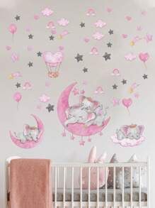 1 张可爱大象墙贴,粉色水彩,云朵月亮星星热气球墙贴,适用于儿童女婴房间、育儿室装饰、卧室游戏室家居装饰、艺术礼品、贴纸、墙贴、家居装饰乙烯基贴花、春季装饰品让您的家焕然一新、Rama 装饰贴纸 - 彩色 - 查看 4