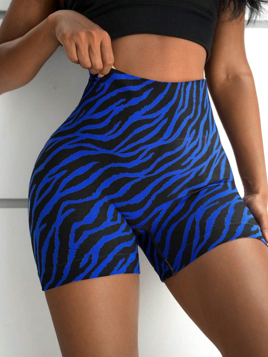 Yoga Sxy 斑馬條紋寬腰帶運動騎行短褲 - 藍色 - 查看 1