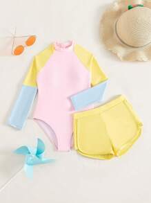 SHEIN Traje De Baño De Una Pieza Con Bloque De Colores Y Pantalones Cortos De Natación Para Chicas Preadolescentes - Multicolor - Ver 1