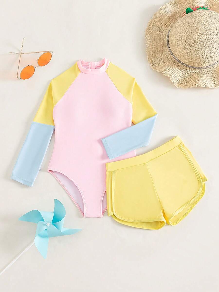 SHEIN Traje De Baño De Una Pieza Con Bloque De Colores Y Pantalones Cortos De Natación Para Chicas Preadolescentes - Multicolor - Ver 1