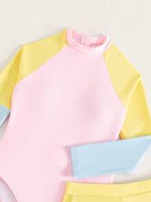 SHEIN Traje De Baño De Una Pieza Con Bloque De Colores Y Pantalones Cortos De Natación Para Chicas Preadolescentes - Multicolor - Ver 3