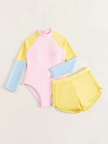SHEIN Traje De Baño De Una Pieza Con Bloque De Colores Y Pantalones Cortos De Natación Para Chicas Preadolescentes - Multicolor - Ver 5