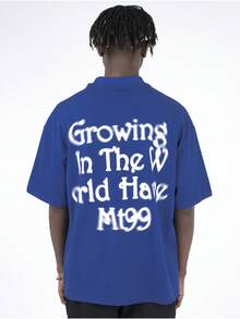 Hombres Camiseta de hombros caídos con estampado de letra - Azul - Ver 2