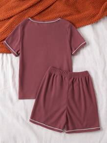 女孩拼接滾邊前蝴蝶結T恤和短褲睡衣套裝 - 酒紅色 - 查看 2