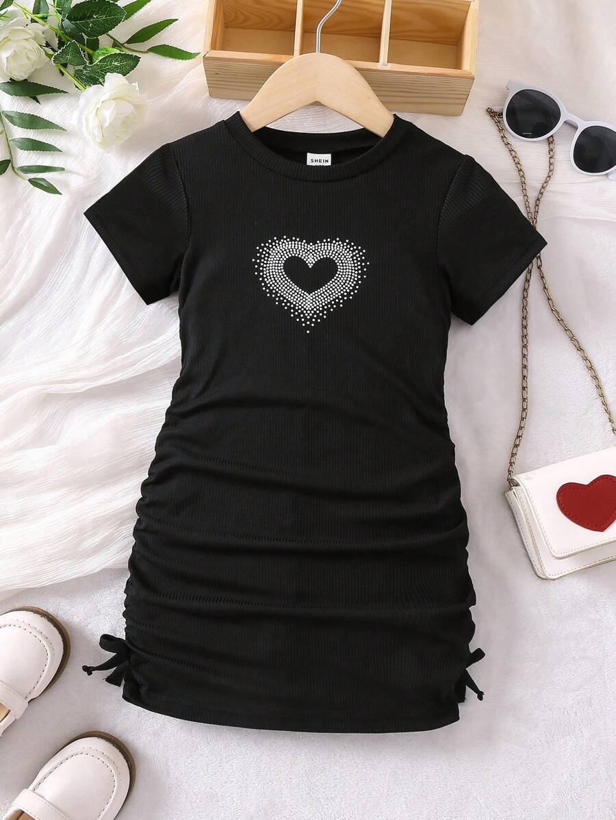 SHEIN Young Girl Heart Print Ruched Knot Side Dress - Black - View 1