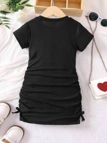 SHEIN Young Girl Heart Print Ruched Knot Side Dress - Black - View 2