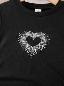 SHEIN Young Girl Heart Print Ruched Knot Side Dress - Black - View 4