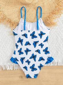 Tween Girl Butterfly Print Ruffle Trim One Piece Swimsuit - White - View 2