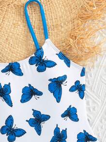 Tween Girl Butterfly Print Ruffle Trim One Piece Swimsuit - White - View 3