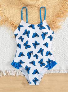 Tween Girl Butterfly Print Ruffle Trim One Piece Swimsuit - White - View 5