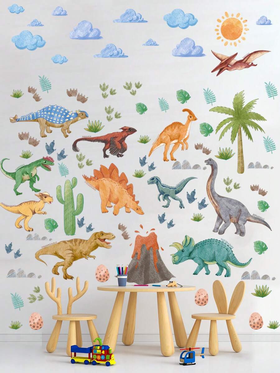 2 张恐龙墙贴、恐龙墙贴、水彩风格、大号仙人掌棕榈叶装饰，适用于男孩女孩儿童房婴儿卧室客厅游戏室教室、生日艺术礼物、贴纸、墙贴、家居装饰乙烯基贴花、春季装饰品让您的家焕然一新、Rama 装饰贴纸