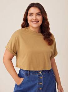 SHEIN BASICS Hơn Chất rắn tay cánh Áo phông Crop - Màu be - Xem 3