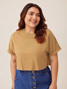SHEIN BASICS Hơn Chất rắn tay cánh Áo phông Crop - Màu be - Xem 4