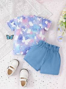SHEIN 嬰兒女童蝴蝶印花t恤和紙袋腰短褲套裝 - 彩色 - 查看 2
