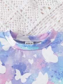 SHEIN 嬰兒女童蝴蝶印花t恤和紙袋腰短褲套裝 - 彩色 - 查看 6