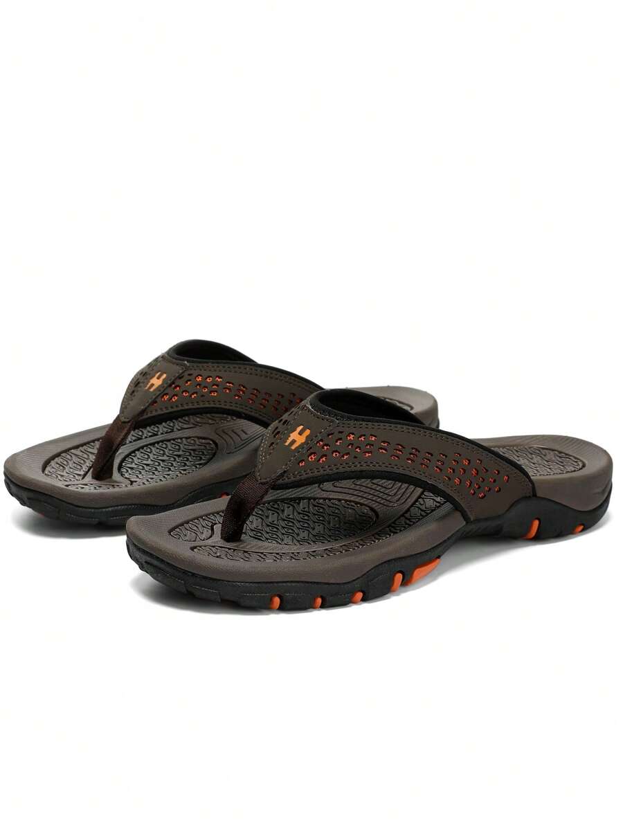 Men Letter Graphic Toe Post Flip Flops, Fashion Outdoor Flip Flops - Coffee Brown - View 1