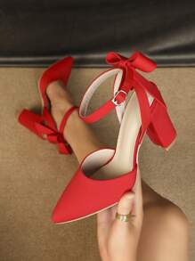 新品到貨,女士彎結飾粗跟尖頭高跟鞋,適用於日常佩戴