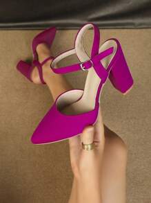 女士尖頭粗跟前衛粉色萊卡踝帶高跟單鞋 - 紫色 - 查看 1