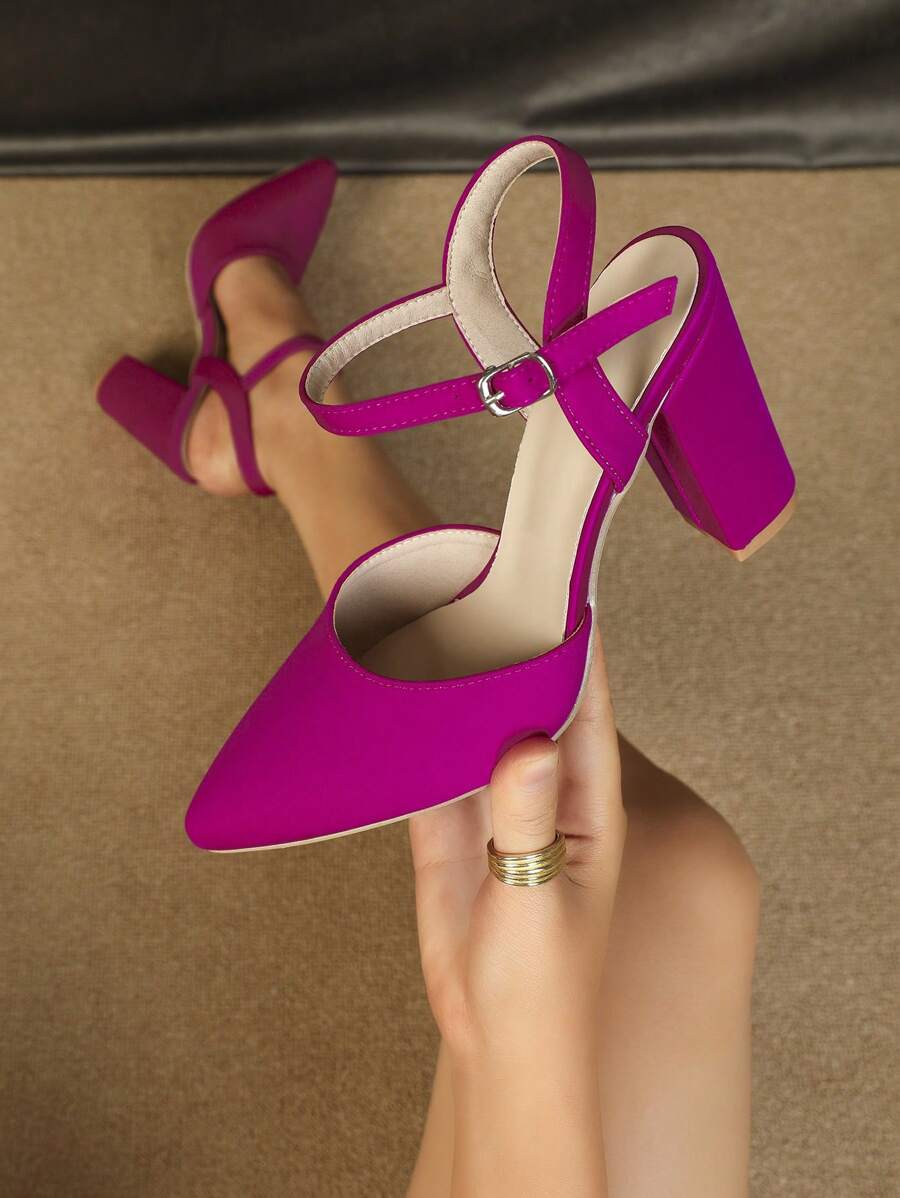 女士尖頭粗跟前衛粉色萊卡踝帶高跟單鞋 - 紫色 - 查看 1