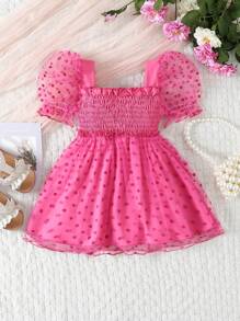 SHEIN Glamorique Kids 嬰兒女孩圓點印花泡泡袖襬邊網狀覆蓋裙 - 玫紅色 - 查看 1