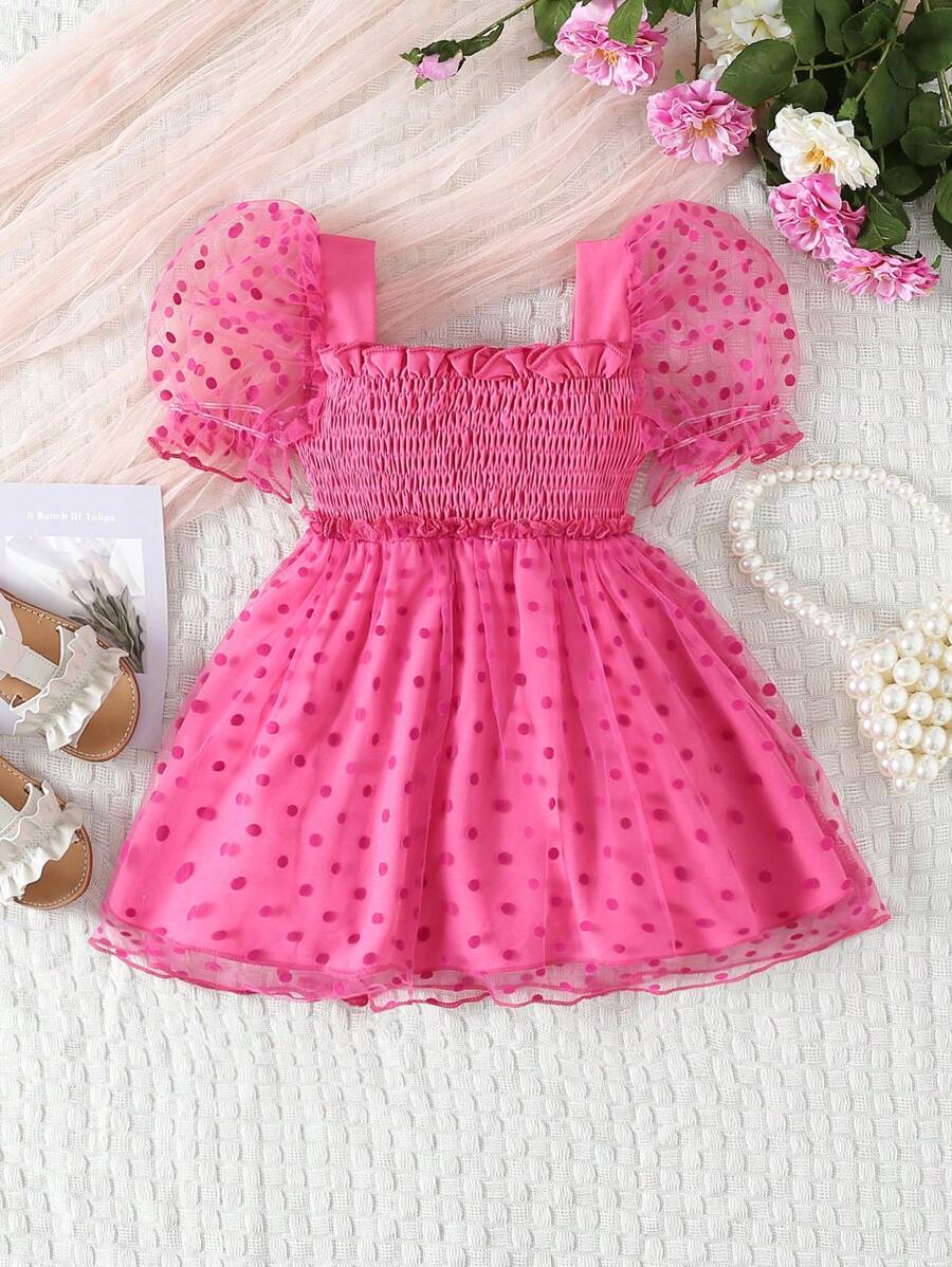 SHEIN Glamorique Kids 嬰兒女孩圓點印花泡泡袖襬邊網狀覆蓋裙 - 玫紅色 - 查看 1