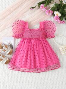 SHEIN Glamorique Kids 嬰兒女孩圓點印花泡泡袖襬邊網狀覆蓋裙 - 玫紅色 - 查看 2