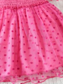SHEIN Glamorique Kids 嬰兒女孩圓點印花泡泡袖襬邊網狀覆蓋裙 - 玫紅色 - 查看 3